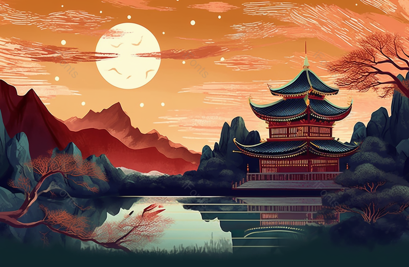 满月红色星空夜晚山川湖泊古代建筑国风写意插画,插画/手绘图,插画/手绘图库,插画/手绘图下载,插画/手绘